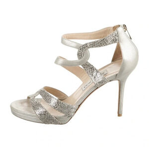 Jimmy Choo Tomar Strappy Glitter Sandal Stiletto Heels 39.5 9 Sparkly Silver